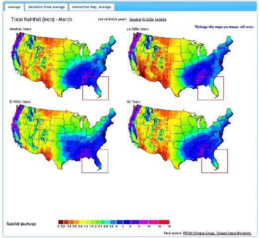 Figure 1. Average rainfall total for March during all years and all years classified as either El Nin?o, La Nin?a or ENSO-neutral during the period 1950–2013. A red box is included to highlight the ENSO/rainfall relationship in the Southeast. The maps can be enlarged when rolled over to provide focused viewing.