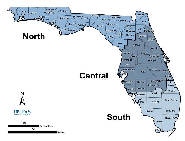 Figure 1. A map of Florida divided into counties and showing the three zones (North, Central, and South) used for assessing nonnative species.