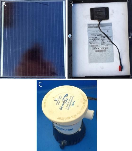 Figure 4. 10-watt solar panel and bilge pump. A) Solar panel front; B) Solar panel back; C) Bilge pump.