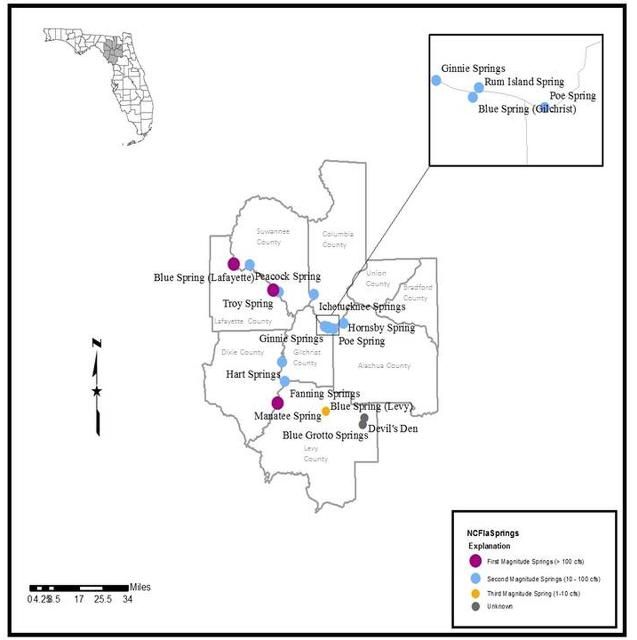 Figure 1. Map of nine-county study area and locations of major springs studied in north central Florida.