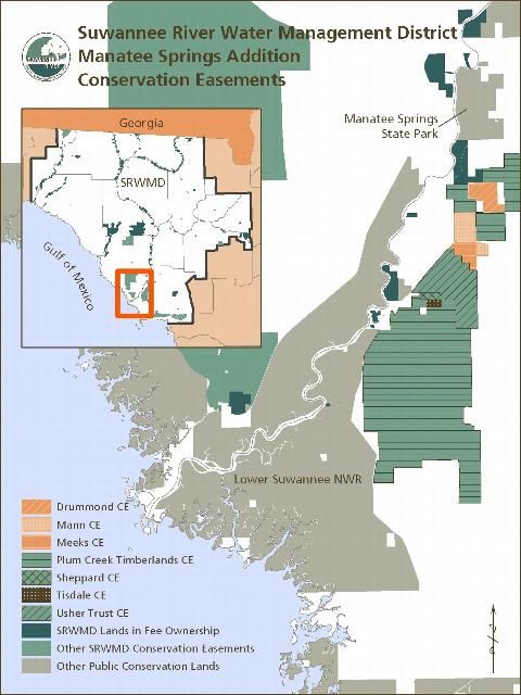Figure 3. Protecting conservation lands requires agencies to stitch together easements from a number of private landowners, as in the Manatee Springs area within the Suwannee River Water Management District.