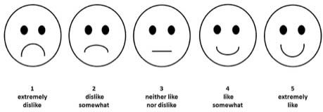 Figure 1. Las escalas de evaluación con cinco distintos niveles de satisfacción ilustrados con expresiones faciales fácilmente reconocibles con rangos que van desde la clásica cara de tristeza (me desagrada extremadamente) hasta una cara sonriente (me agrada extremadamente).