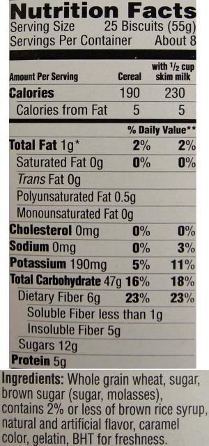 Figura 2. Datos nutricionales y lista de ingredientes de cereales para el desayuno a base de grano entero, altos en fibra.