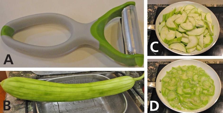 Figure 14. (a). A peeler is useful for peeling luffa. (b). Peeled luffa. (c). Sliced luffa ready to be boiled. (d). Boiled luffa ready for consumption.