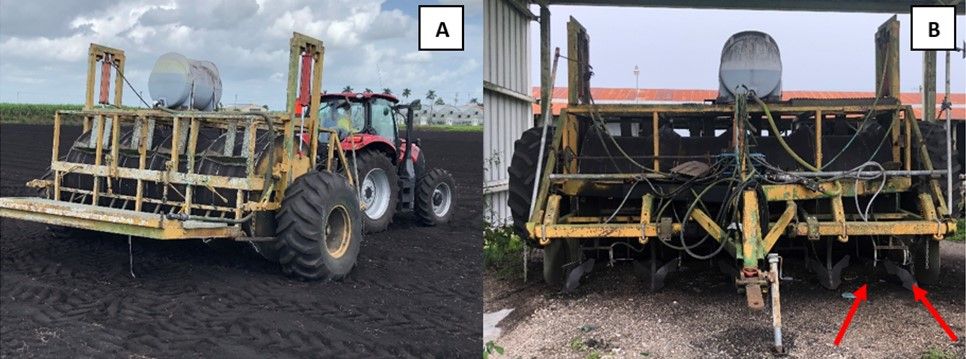 Machine for preparing raised beds for lettuce production on Histosols in the EAA (A, B). The fertilizer tank on the top of the machine is connected to nozzles that inject the liquid fertilizer while preparing the beds (B).