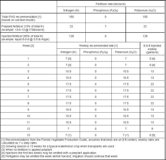 Figure 1. Sample spreadsheet for designing a fertigation program for a 1-acre watermelon field planted on 8-ft centers. Beginning with soil-test results (top section), this worksheet that uses UF/IFAS recommendations provides a weekly schedule for fertigation with liquid 8-0-8 (right column).