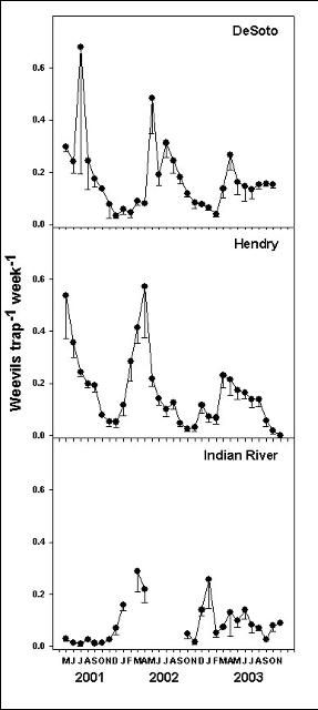 Figure 2. Numbers of Diaprepes abbreviatus collected per trap each week during 31 months in three citrus orchards in flatwoods regions of Florida. Weekly data for each month were averaged to better illustrate seasonal patterns. Error bars are standard errors of the mean.