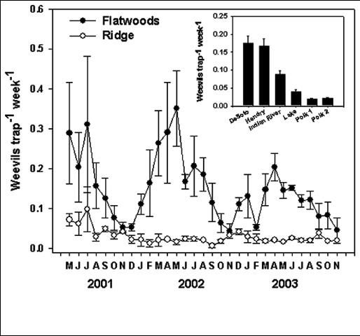 Figure 4. Average numbers of Diaprepes abbreviatus collected per trap each week during 31 months in three citrus orchards in flatwoods regions and three orchards on the central ridge of Florida. Weekly data for each month were averaged to better illustrate seasonal patterns. Inset shows the tree-year average for each grove used in the study. Error bars are standard errors of the mean.