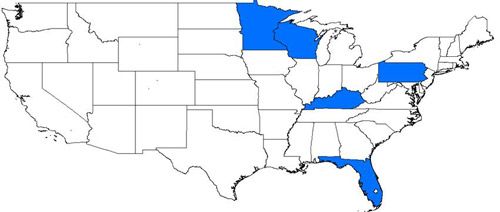 Figure 2. States where Leucospilapteryx venustella (Clemens) has been reported in the United States.