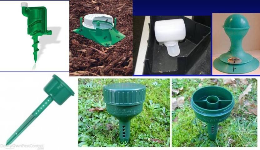 Figure 13. There are numerous commercial ant bait stations on the market, and bait stations are also easy to make in the home workshop. The important consideration is that they be inaccessible to bees while allowing the ants to enter freely.