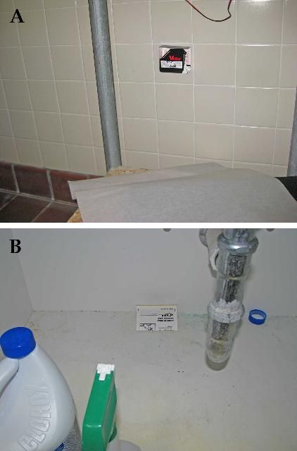 Figure 9. Properly placed versus improperly placed monitors. Placement of sticky traps includes placing monitors in dry areas along structural lines, adjacent to walls, corners etc., where cockroaches travel and close to suspected cockroach harborages.