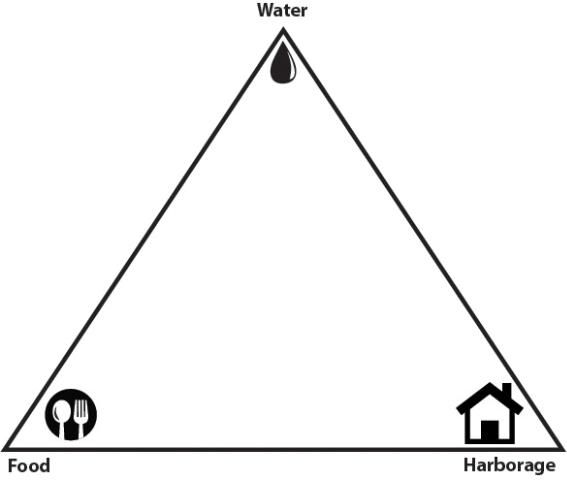 Figure 11. Survival triangle. Eliminate one or all of these factors (e.g., food, water, harborage) to increase pest control success.
