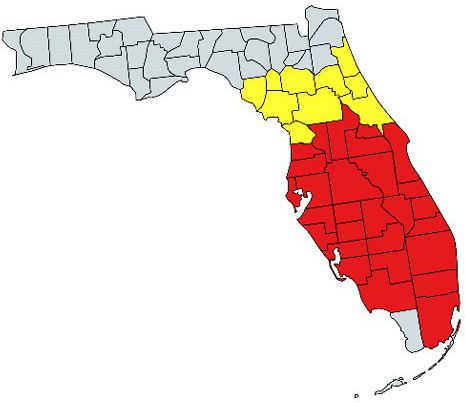 Figure 2. Counties in Florida where Ormia depleta (Wiedemann) can be found. Red counties indicate those where Ormia depleta is known to be present year-round, and yellow counties indicate the presence of Ormia depleta in the fall season.