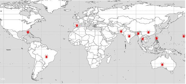 Worldwide distribution of the lychee erinose mite Aceria litchi.