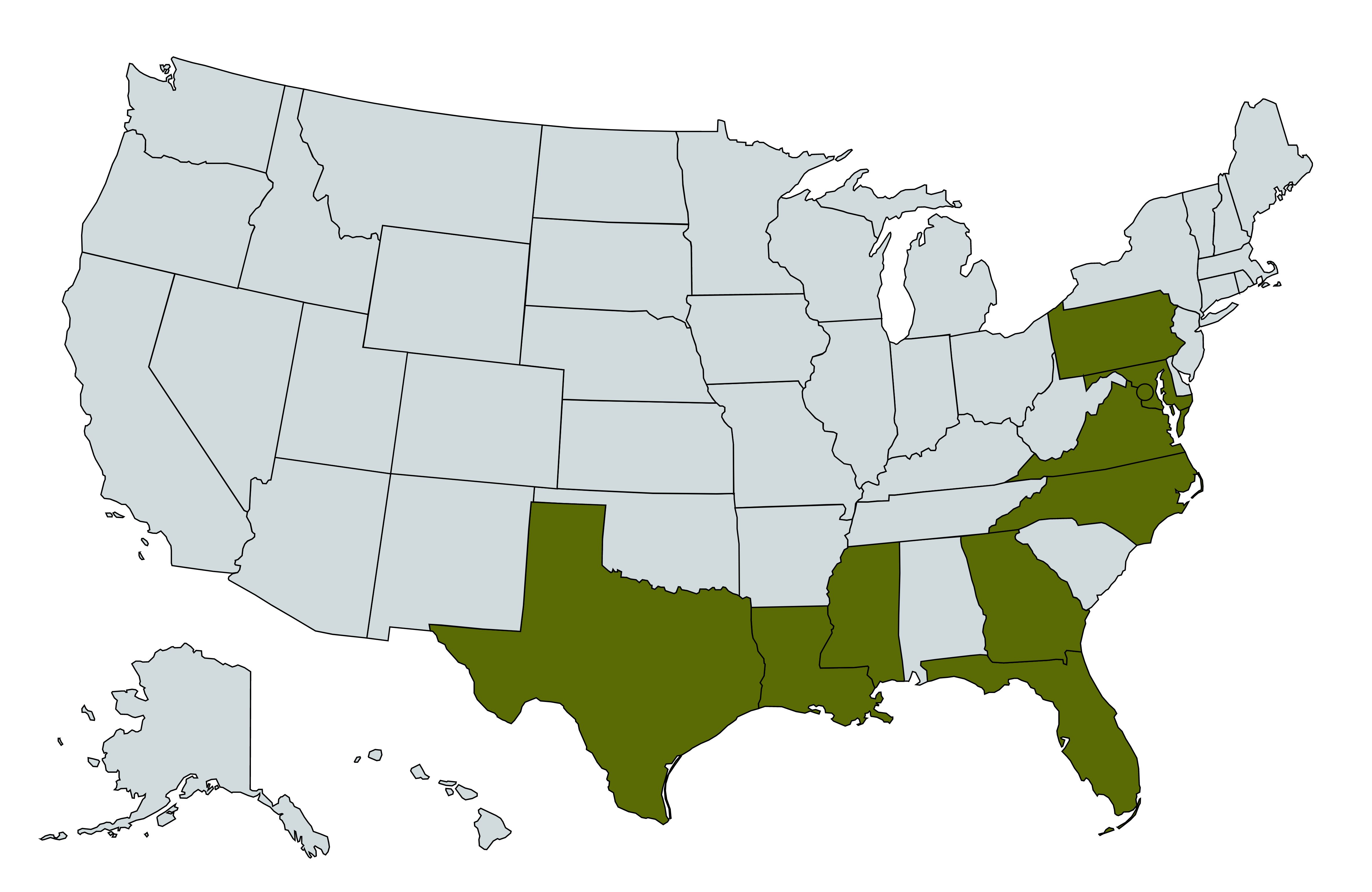Geographical distribution of KEYV (shaded states) in the United States. The map was drawn based on the isolation or detection of KEYV in mosquitoes and vertebrate hosts from published data. 