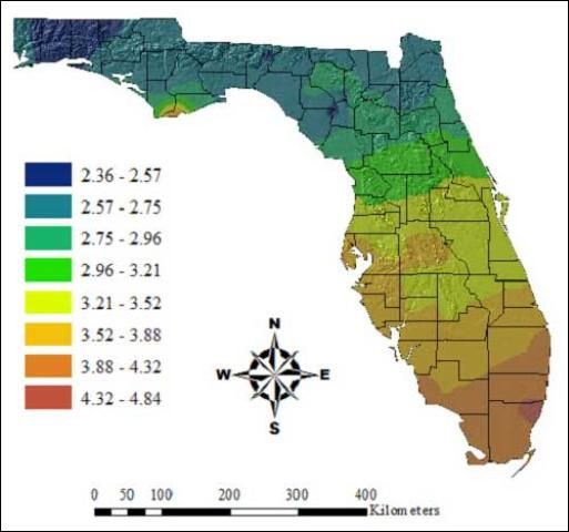 Figure 10. Geographical information system map showing the predicted number of generations of the Myakka bug, Ischnodemus variegatus (Signoret), in Florida.