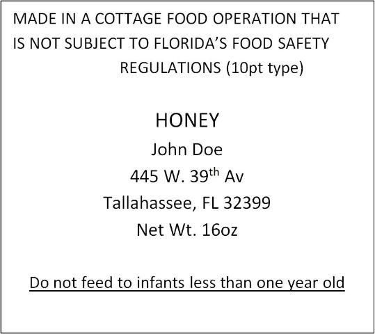 Example of the minimum information required on a cottage food product label for honey.