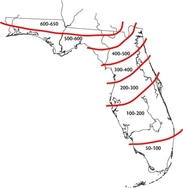 Figure 1. Chill Hour Accumulation in Florida (below 45°F [7.2°C], through February 10th).
