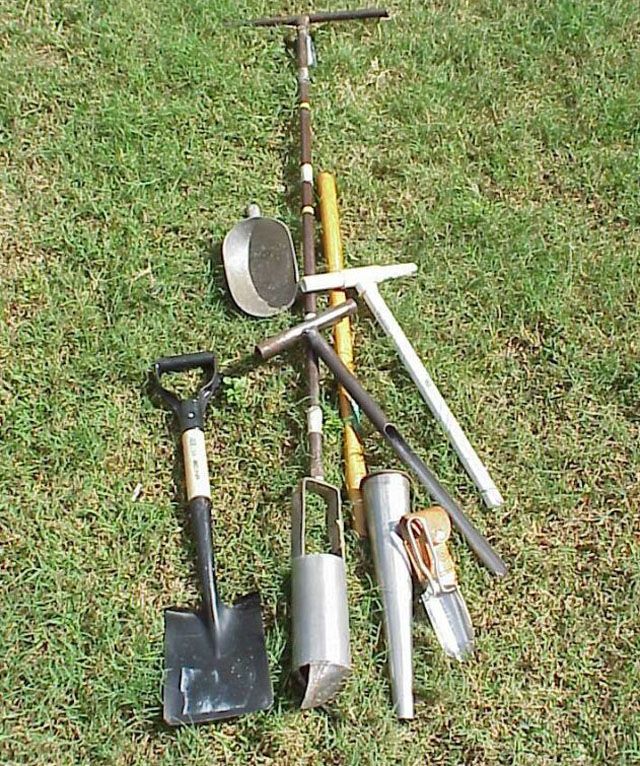 Figure 4. The collection of soil samples for nematode analysis can be acquired from the field using either cylindrical sampling tubes, trowels, bucket auger, or shovel.