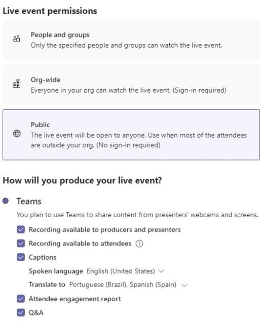 Figure 3. After initial meeting details, the numerous live event features can be enabled/disabled for the actual event.