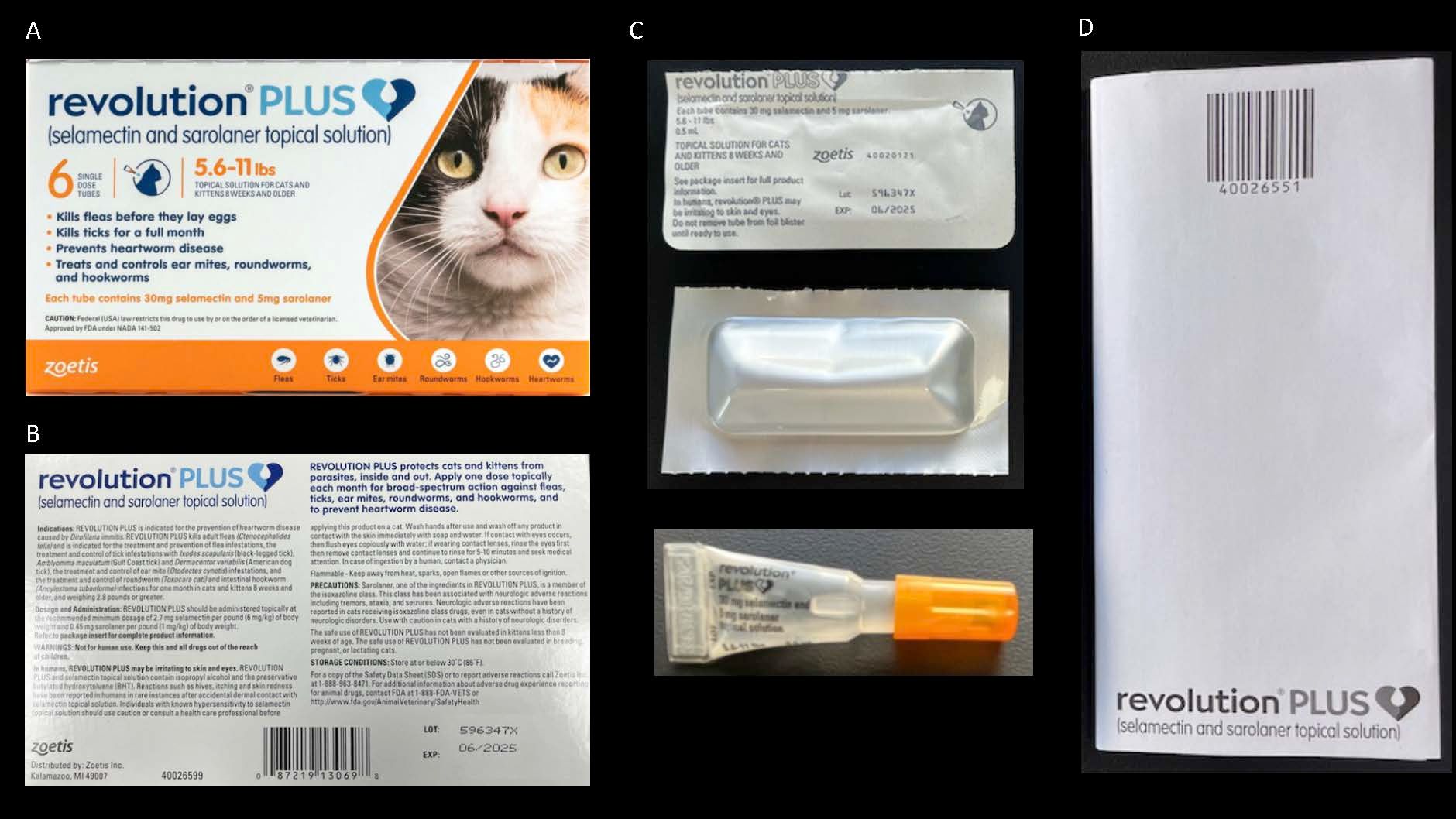 An example of a topical pesticide used for pest management on cats. A) The front cover of a topical pesticide for cats. This is where to look to ensure the product is for your pet’s species and determine that the product is safe to use for animals of your pet’s weight. B) The back cover of a pesticide for cats. Information on product use, storage, and first aid are covered here. C) The individual doses of a pesticide for cats. D) The full labeling for the product which was included on a document inside the box. 