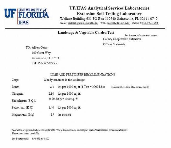 Figure 2. Example of a soil test report from the UF/IFAS Extension Soil Testing Lab.