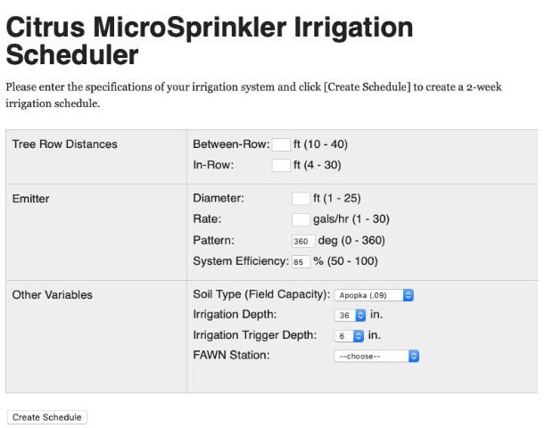 Figure 2. Input data required to determine irrigations schedule for citrus using the FAWN Citrus Microsprinker Scheduler.