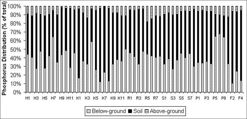 Figure 3. Total P distribution among the below-, above-ground sod biomass and soil pools. Each letter indicates a sod producer.