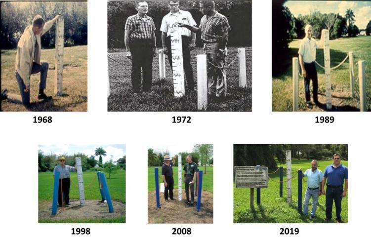 Figure 1. Soil subsidence post being used to visually document the change in soil loss since 1924. Note: This post is located at the EREC, in Belle Glade, FL, and may not be typical of other areas, because it has no crop and is drained most of the year.