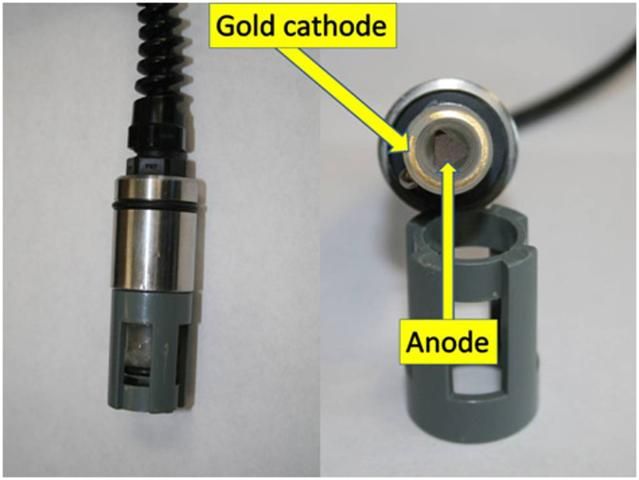 Figure 3. Typical membrane electrode used for measuring dissolved oxygen. A gas-permeable membrane covers the gold cathode and anode. The electrode is attached to an electronic meter that gives direct readings in mg/L or percent saturation.