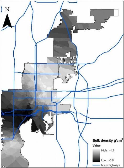 Figure 1a. Patterns of soil bulk density (g/cm3) in Tampa.