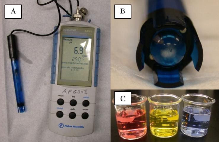 Figure 2. A) Glass electrode pH meter connected with electronic meter. B) Close-up view of the glass electrode bulb with the internal reference electrode visible. C) Typical standards used for calibration (pH 4, 7, and 10).