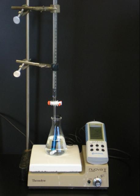 Figure 1. Titration burette, flask, stir plate, and pH meter used for titrating to a specific pH endpoint. Credit: PCW.