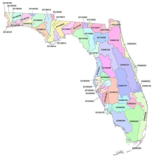 Figure 5. Florida 8-Digit HUC Boundaries and HUC Codes.