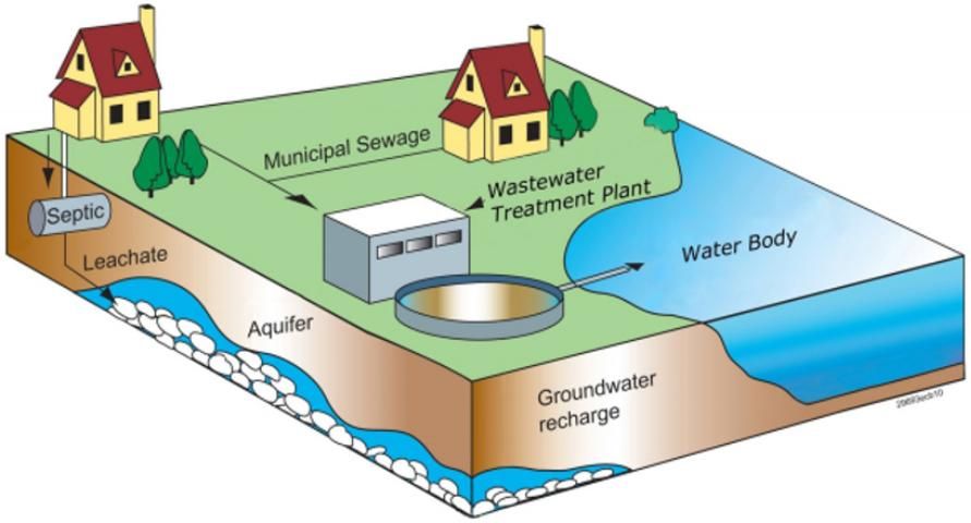 Figure 1. Examples of how residential wastewater is connected to groundwater and surface water bodies.
