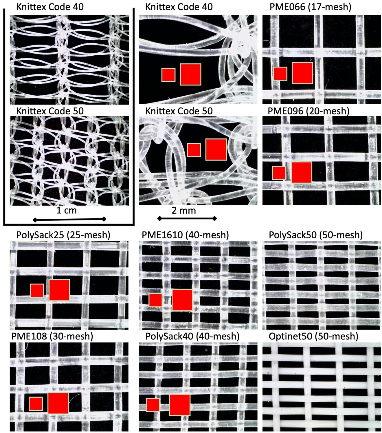 Close-up view of woven screens tested for ability to exclude psyllids. PME1610 and PolySack40 excluded psyllids (see Table 2). Green boxes filled in red represent the minimum and maximum psyllid sizes measured for this study. Code 40 and Code 50 woven screens were not tested, but openings were larger than the largest tested screen. PolySack50 and Optinet50 are 50-mesh screens with openings smaller than the smallest tested screen.