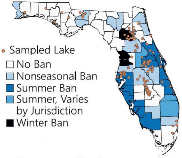 Florida (A) site map (B) of county fertilizer ordinances by type (different shades of blue). Individual lake locations used in this study are represented by (orange) circles. 
