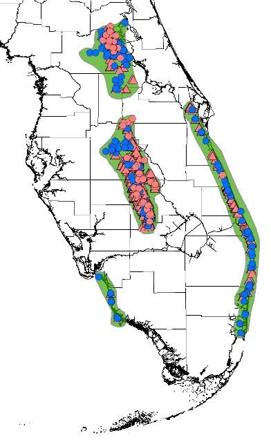 Figure 2. Distribution (green shading) and pre-1980 (blue symbols) and 1980-2018 (orange symbols) records of the Florida scrub lizard.