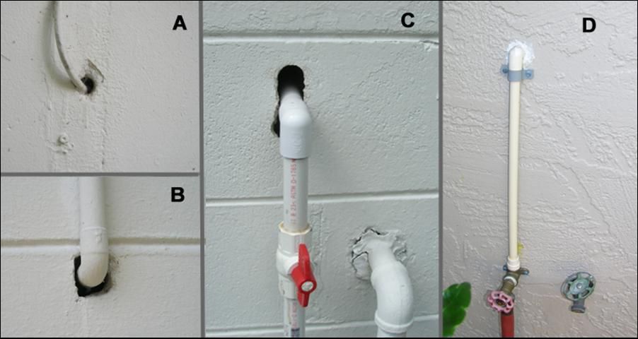 Figure 4. Small gaps where wiring (A) or plumbing (B) enter the house or garage can allow snakes to enter, and should be repaired with caulking. Larger gaps (C) can be filled with expansion foam sealant (D).