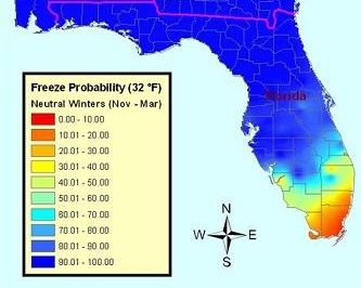 Figure 2. In a normal winter, most of south Florida has a less than 50% chance of experiencing freezing temperatures. Many tropical reptile and amphibian species can thus survive here year-round.