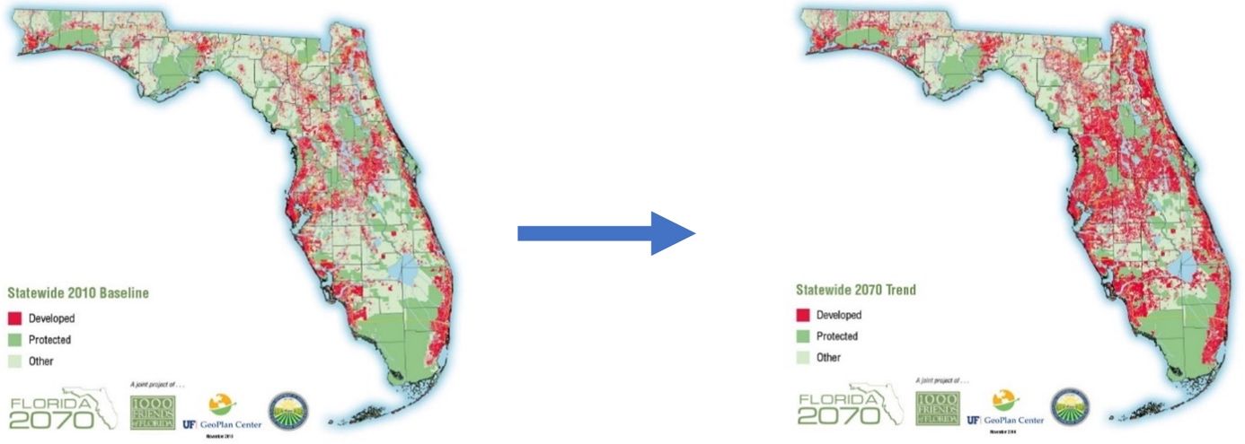 Left: 2010 population estimate; Right: 2070 population estimate. The Florida 2070 Project predicts that developed land in Florida will increase to 33 percent. 