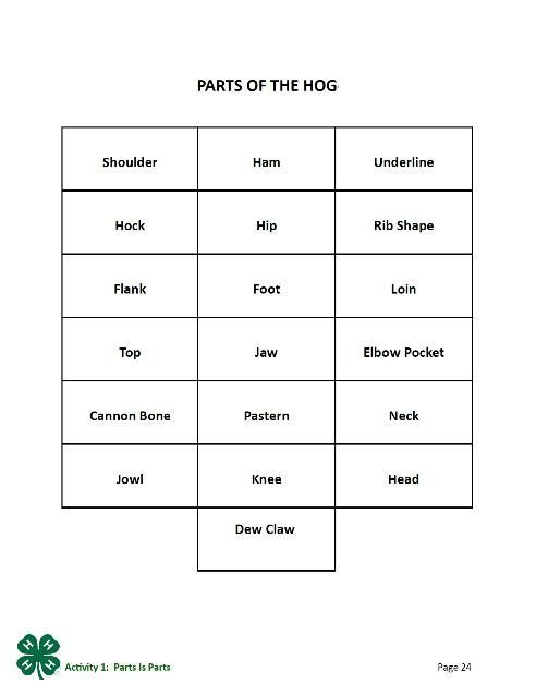 Parts of the Hog: Shoulder, Ham, Underline; Hock, Hip, Rib Shape; Flank, Foot, Loin; Top, Jaw, Elbow Pocket; Cannon Bone, Pastern, Neck; Jowl, Knee, Head; Dew Claw. Page 24 of the PDF