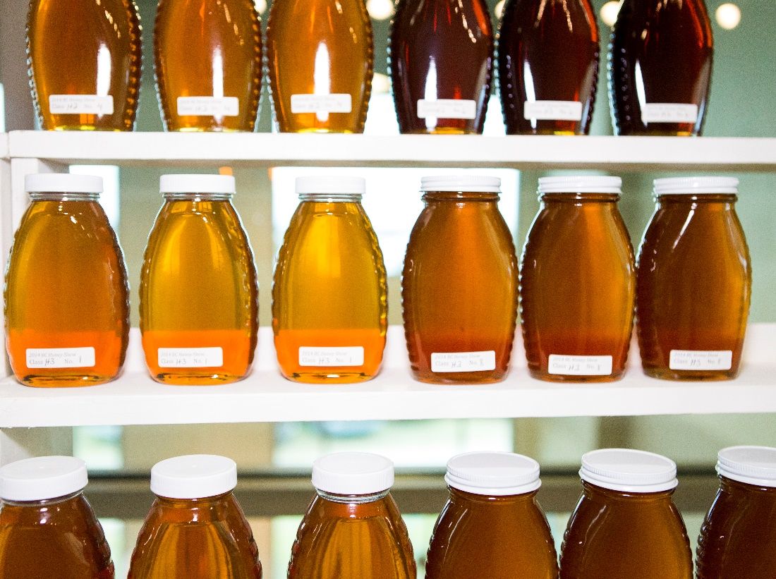 Jars of honey on display. 