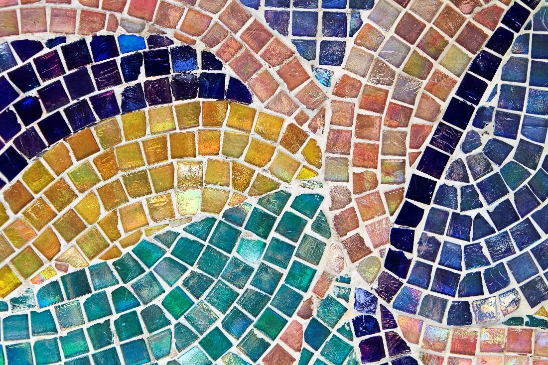 A mosaic tile picture made up of many tiny pieces. 