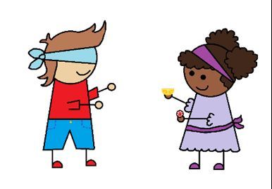 Figure 19 One child leads the other blindfolded child through the maze. She is holding an orange in one hand and peppermint candy in the other.