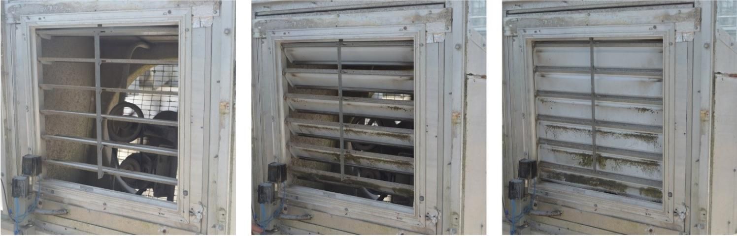 Figure 6. Ventilation and cooling fans should be equipped with anti-back draft shutters as shown here from left to right in the open, partially opened, and closed positions.