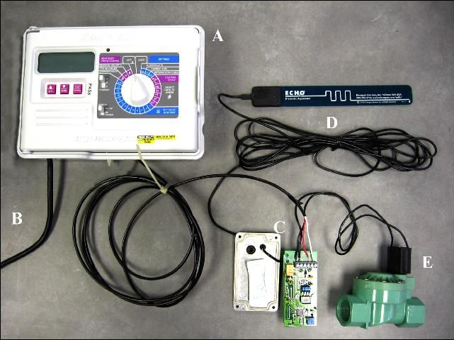 Figure 1. Details of the irrigation soil moisture interface (QIC) prototype developed at UF Agricultural & Biological Engineering Department. Here is shown retrofitted with a standard irrigation timer and solenoid valve where: A) time-based controller, B) power supply, C) Quantified Irrigation Controller circuitry, D) capacitance soil water probe (ECH20, Decagon Devices, Inc., Pullman, WA), and E) solenoid valve.