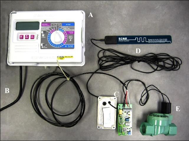 Details of the irrigation soil moisture interface (QIC) prototype developed at the UF/IFAS Department of Agricultural and Biological Engineering. The prototype is shown retrofitted with a standard irrigation timer and solenoid valve. A) Time-based controller. B) Power supply. C) QIC circuitry. D) Capacitance soil water probe (ECH20, Decagon Devices, Inc., Pullman, WA). E) Solenoid valve.