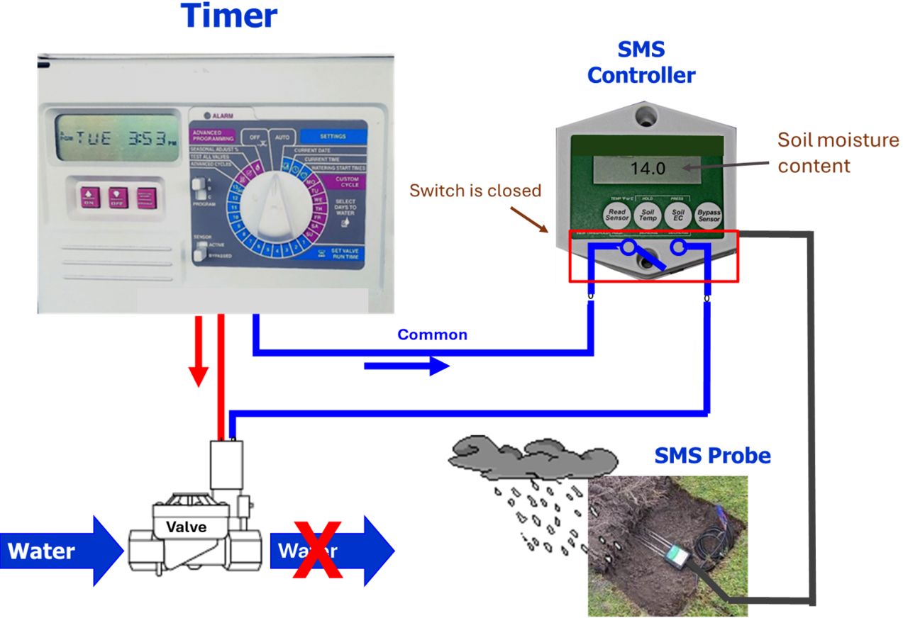 In this example, due to rainfall wetting the soil around the probe, the controller has opened the switch, bypassing irrigation.
