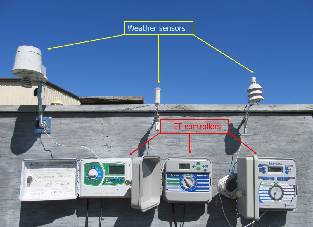 Three brands of ET controllers, each equipped with its own weather sensors, tested at the University of Florida, Agricultural and Biological Engineering Department. Note: The University of Florida does not endorse any particular brand and the information contained here is for illustrative purposes only.